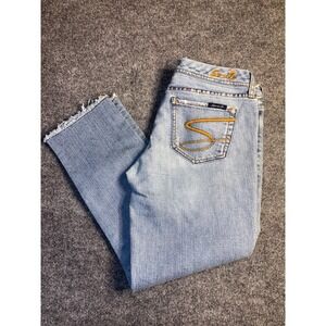 Seven7 Jeans Womens 29 Blue Denim Stretch Low Rise Boho Straight Leg Frayed Hem